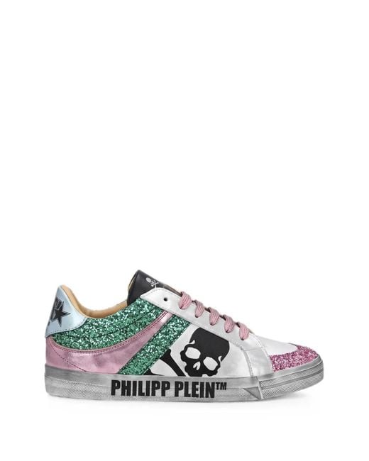 Philipp Plein White Nappa-Leather Lo-Top Sneakers Glitter Skull