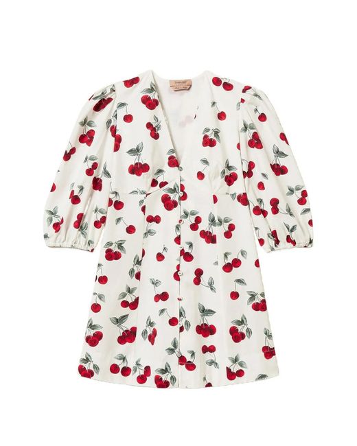 Twinset White V-Neck Cherry-Print Mini Dress
