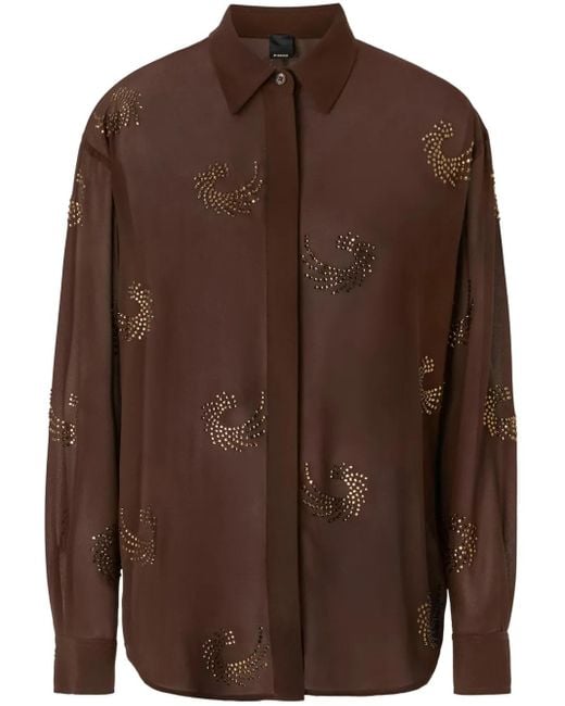 Pinko Brown Semi-Transparent Long Sleeve Shirt With Decorative Patterns
