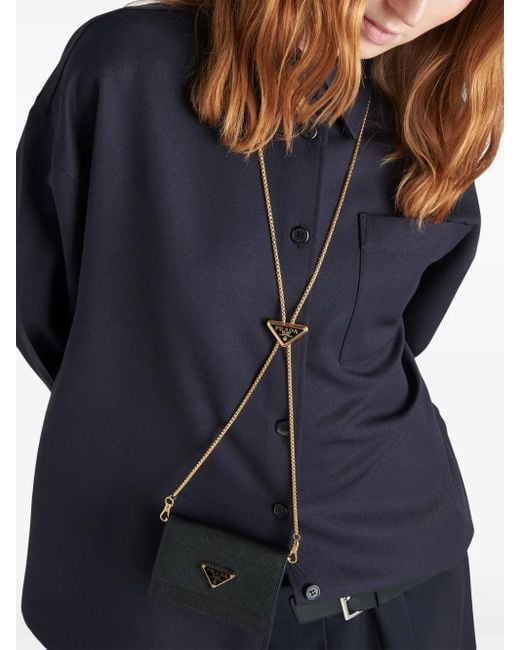 Prada Black Saffiano-Leather Card Holder With Shoulder Strap