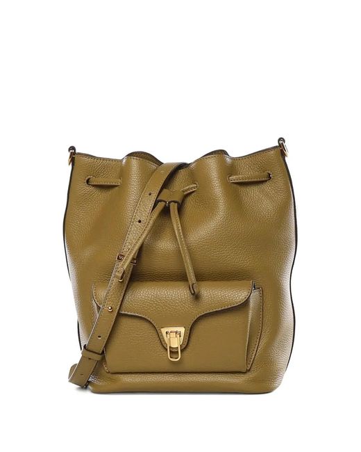 Coccinelle Green Beat Generation Drawstring Pocket Leather Bucket Bag