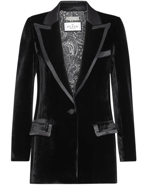 Philipp Plein Black Contrasting-Trim Velvet Blazer