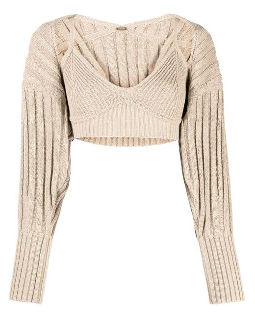 Cult Gaia Natural Ribbed-knit Cropped Top