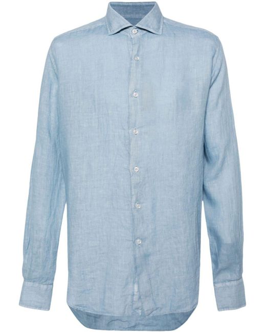 Spread-collar linen shirt di Dell'Oglio in Blue da Uomo