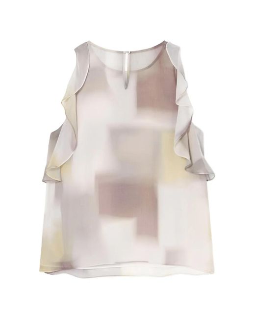 ARMANI EXCHANGE White Ruffled-Details Abstract-Print Blouse