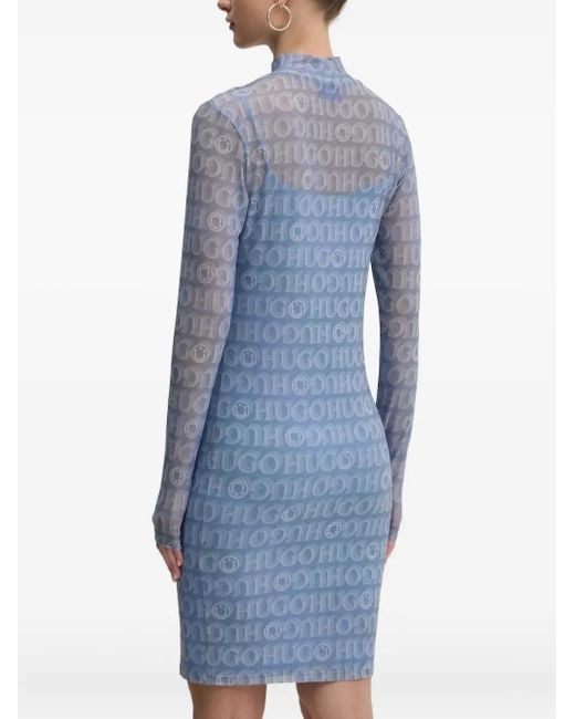 HUGO Blue All-Over Logo-Print Midi Dress