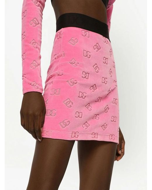 Dolce & Gabbana Pink Flocked Jersey Miniskirt With All-Over Dg Logo