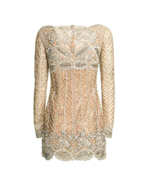 Elie Saab Natural Robe Courte À Perles Brodées