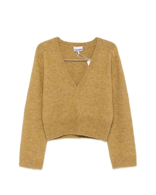 Ganni Natural Ribbed-Trim V-Neck Sweater