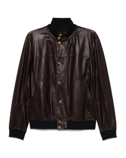 Brunello Cucinelli Black Leather Bomber Jacket for men