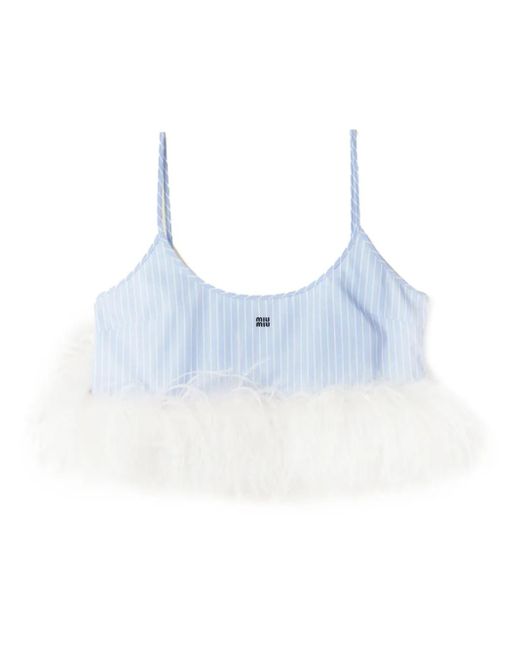 Miu Miu Blue Striped Feather-trim Crop Top - Women's - Cotton