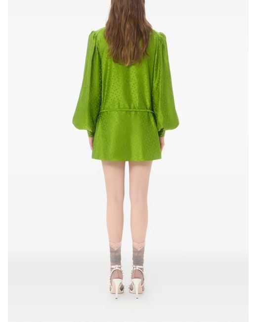 Valentino Garavani Green Embroidered Silk-Linen Plus-De-Pois Jacquard Top