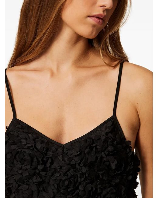 Twinset Black Crêpe De Chine And Tulle Top With Flowers