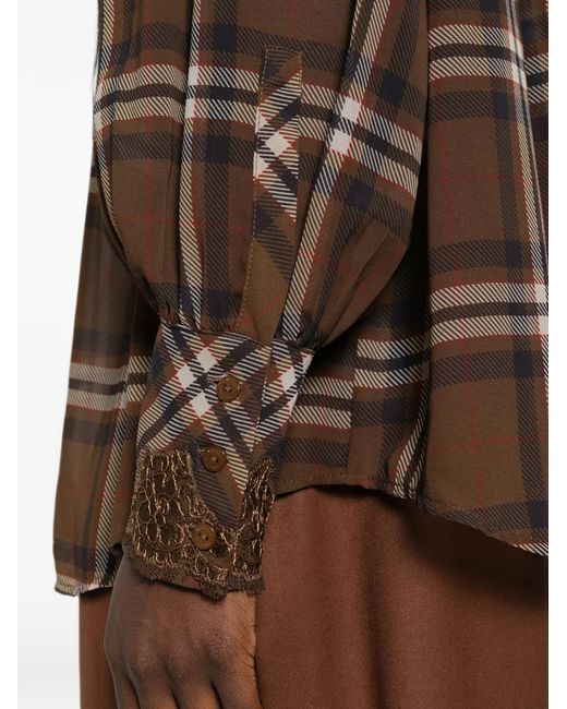 ERMANNO FIRENZE Brown Check-Print Lace-Trim Blouse