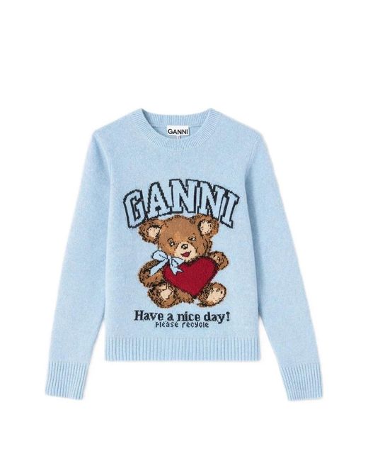 Ganni Blue Graphic-Print Sweater