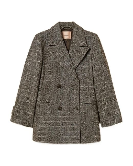 Twinset Gray Herringbone Double-Breasted Coat