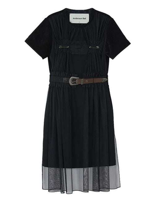 ANDERSSON BELL Black Mesh Belted Midi Dress