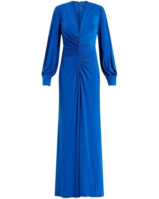 Badgley Mischka Blue Ruched V-Neck Dress