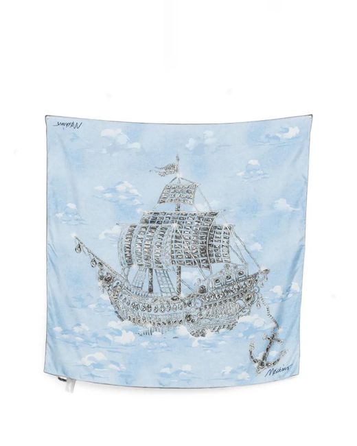 Moschino Blue Jewelled Ship-Print Scarf