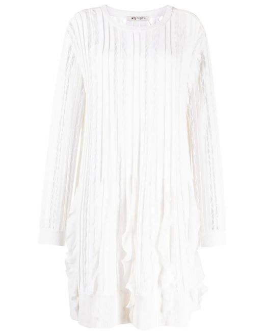 Ports 1961 White Flutter Knitted Long-Sleeve Dress