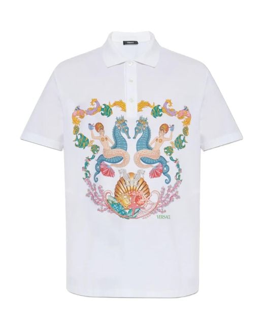 Versace White Graphic-Print Polo Shirt for men