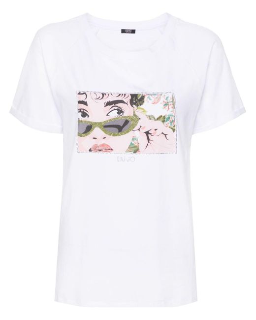 Liu Jo White Illustration-print Rhinestone-embellished T-shirt
