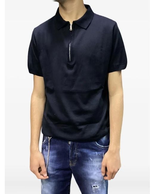 Yes London Blue Zip-Neck Polo Shirt for men