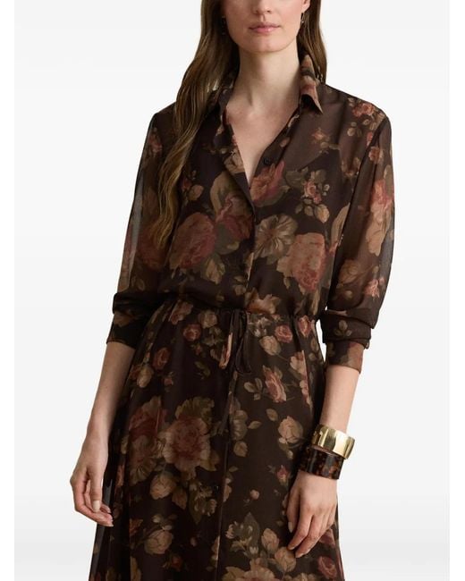 Ralph Lauren Brown Floral-Print Midi Dress
