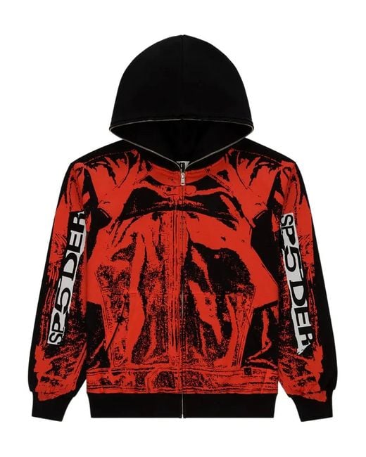 Sp5der Red Jp5 Moto Zipped Hoodie for men