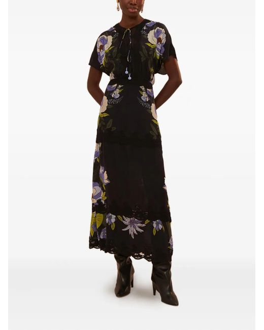 Farm Rio Black Floral-Print Lace-Trimmed Midi Dress