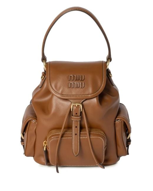 Miu Miu Brown Logo-Lettering Buckle-Fastening Backpack