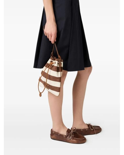 Miu Miu Black Striped Drawstring Bucket Bag