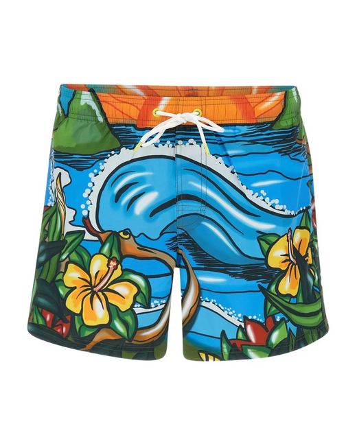 Sundek Blue Illustration-Print Swim Shorts for men