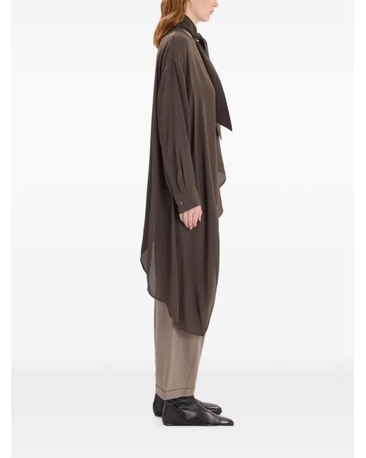 High Brown Warble Pussy-Bow Asymmetric Shirt