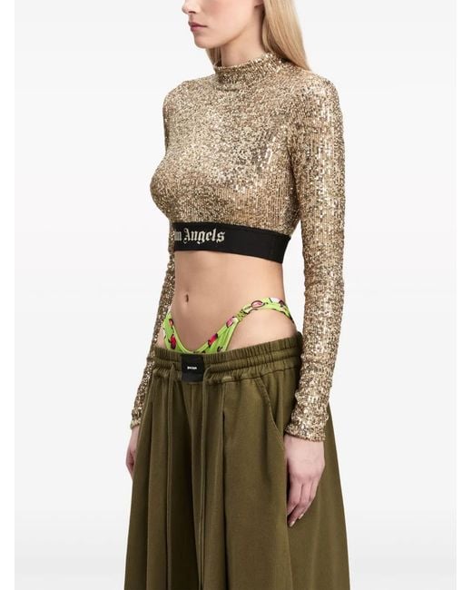 Palm Angels Natural Sequin-Design Long-Sleeve Top