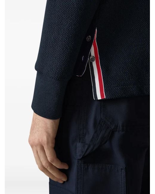Thom Browne Blue Textured-Pique 4-Bar Long-Sleeved Polo Shirt for men
