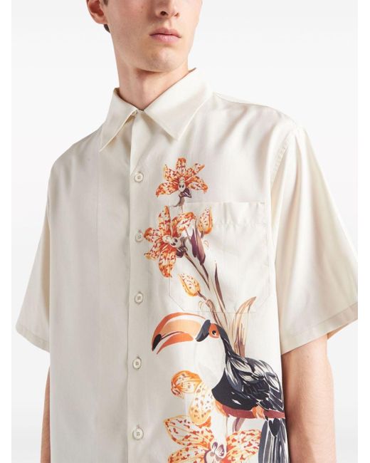 Prada White Floral-print Silk Shirt for men
