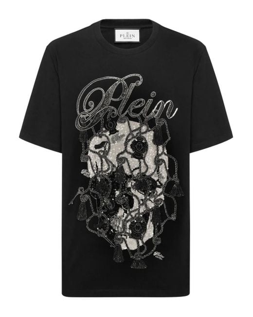 Philipp Plein Black Round Neck T-Shirt Glass Skull for men