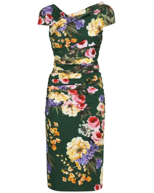 Dolce & Gabbana Green Gerafftes Midikleid mit Blumen-Print