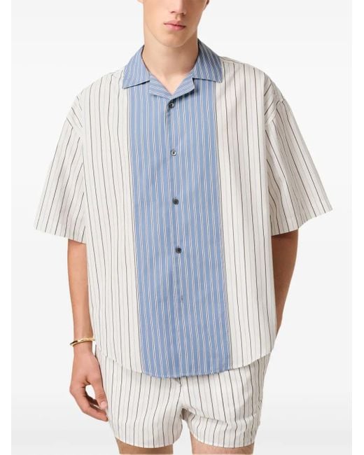 AMI Blue Vertical Stripe Short Sleeve Shirt With Logo Patch for men