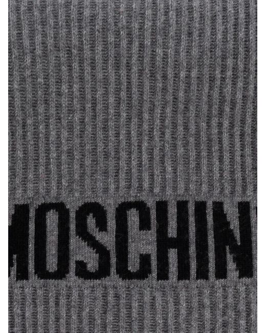 Moschino Gray Intarsia Knit Logo Ribbed Scarf