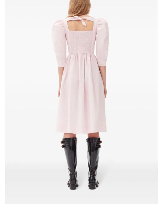 Ganni Pink Ruched Ribbon-Back Dress