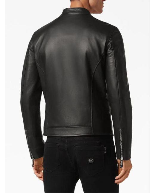 Philipp Plein Black Logo-Patch Leather Jacket for men