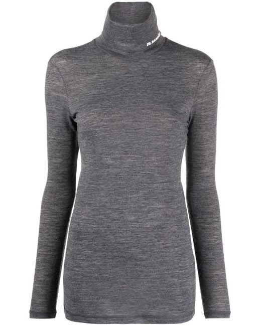 【JIL SANDER ロングスリーブカットソー グレー】 Jil Sander レディース グレー ファンネルネック ロングスリーブトップ