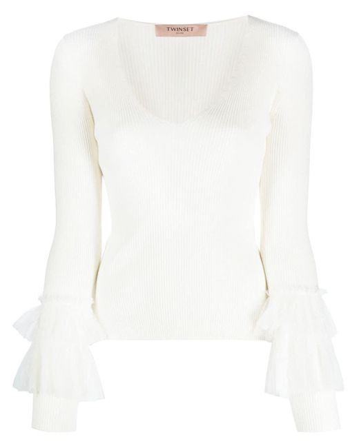 Twin Set Tulle-inserts Ribbed-knit Top in het White