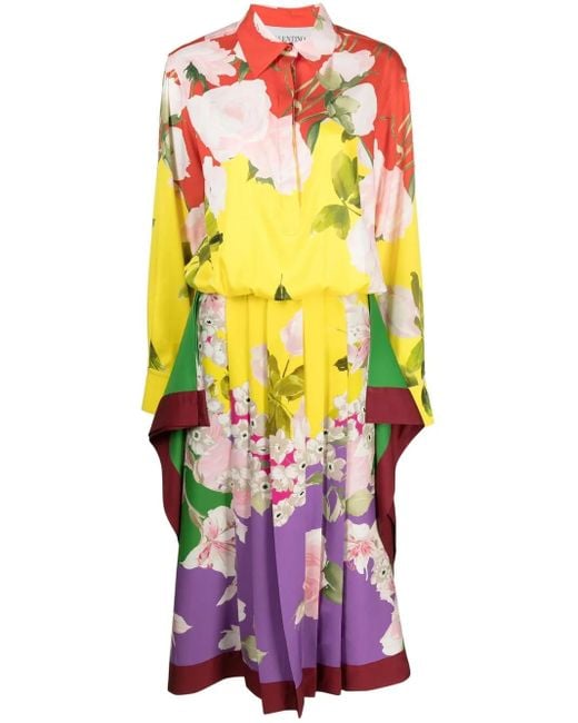 Valentino Garavani Red Pleated Floral-Print Midi Dress