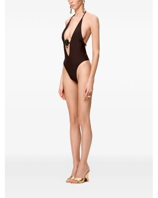 Korobeynikov Brown Oyster-Detail Halterneck Swimsuit
