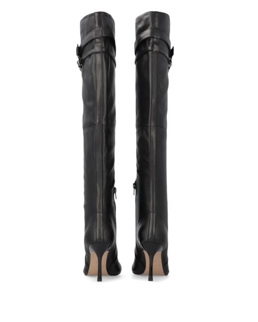 Pinko Black Pointed Toe Knee-High Boots With Decorative Straps