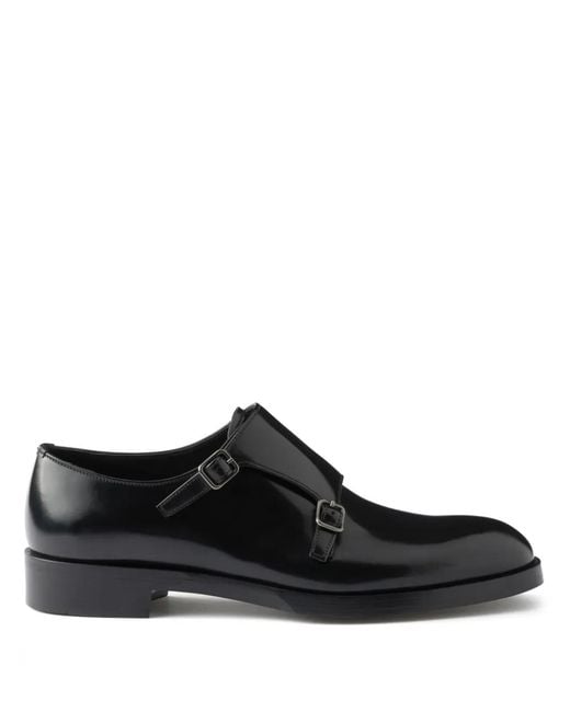 Prada Black Brushed Leather Double Monk Strap Shoes for men