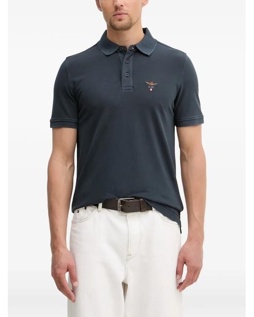 Aeronautica Militare Blue Logo-Embroidered Piqué Polo Shirt for men